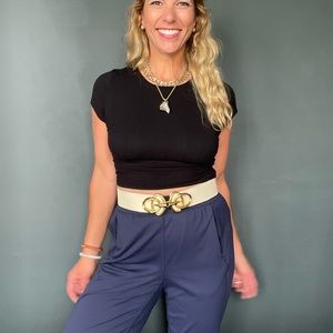 Vintage Beige Leather Abstract Gold Brass Belt